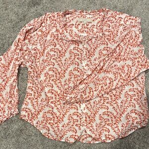 LOFT White and Orange Floral-Print Button Down Shirt
